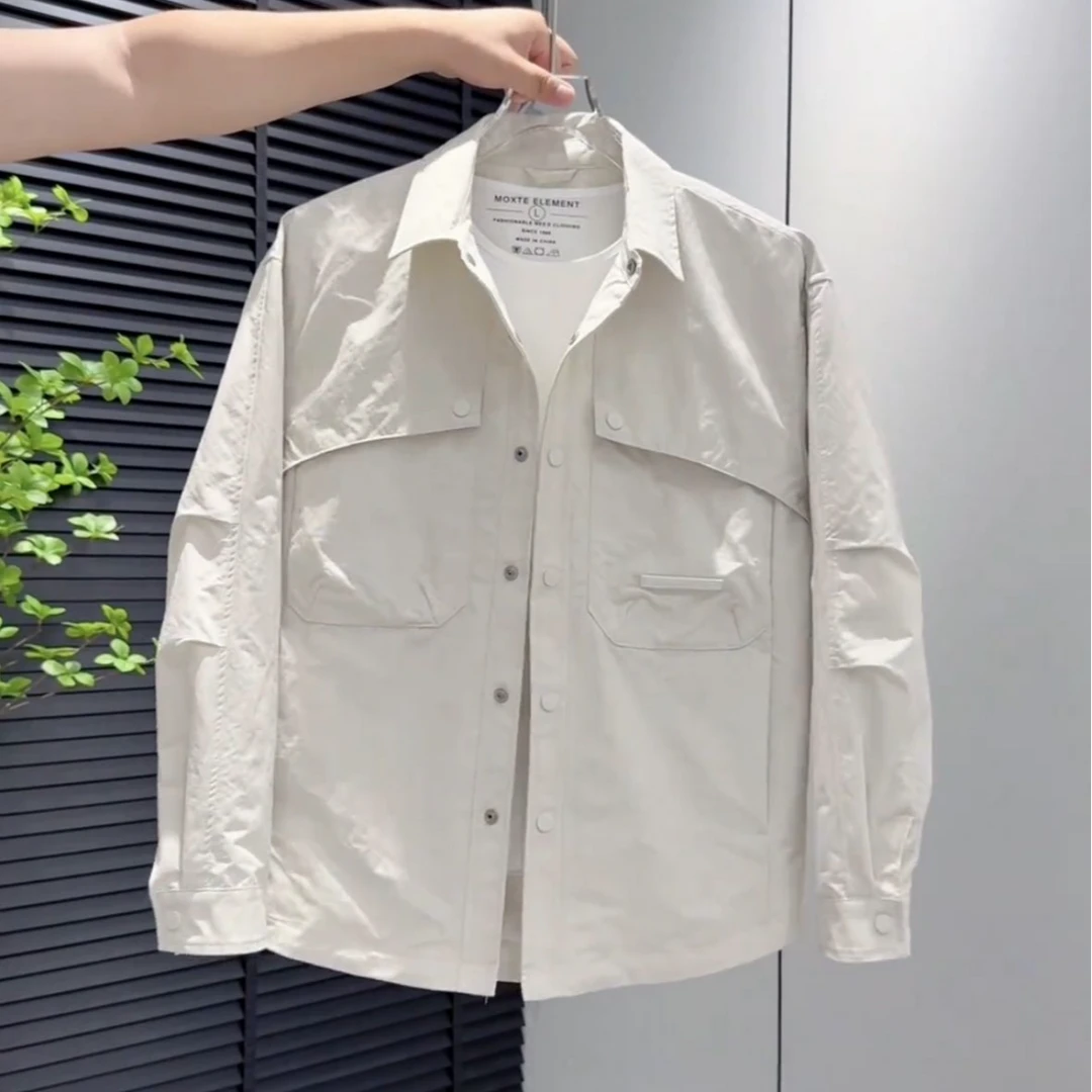 男士秋季大口袋翻领减龄简约时尚宽松型休闲夹克外套811