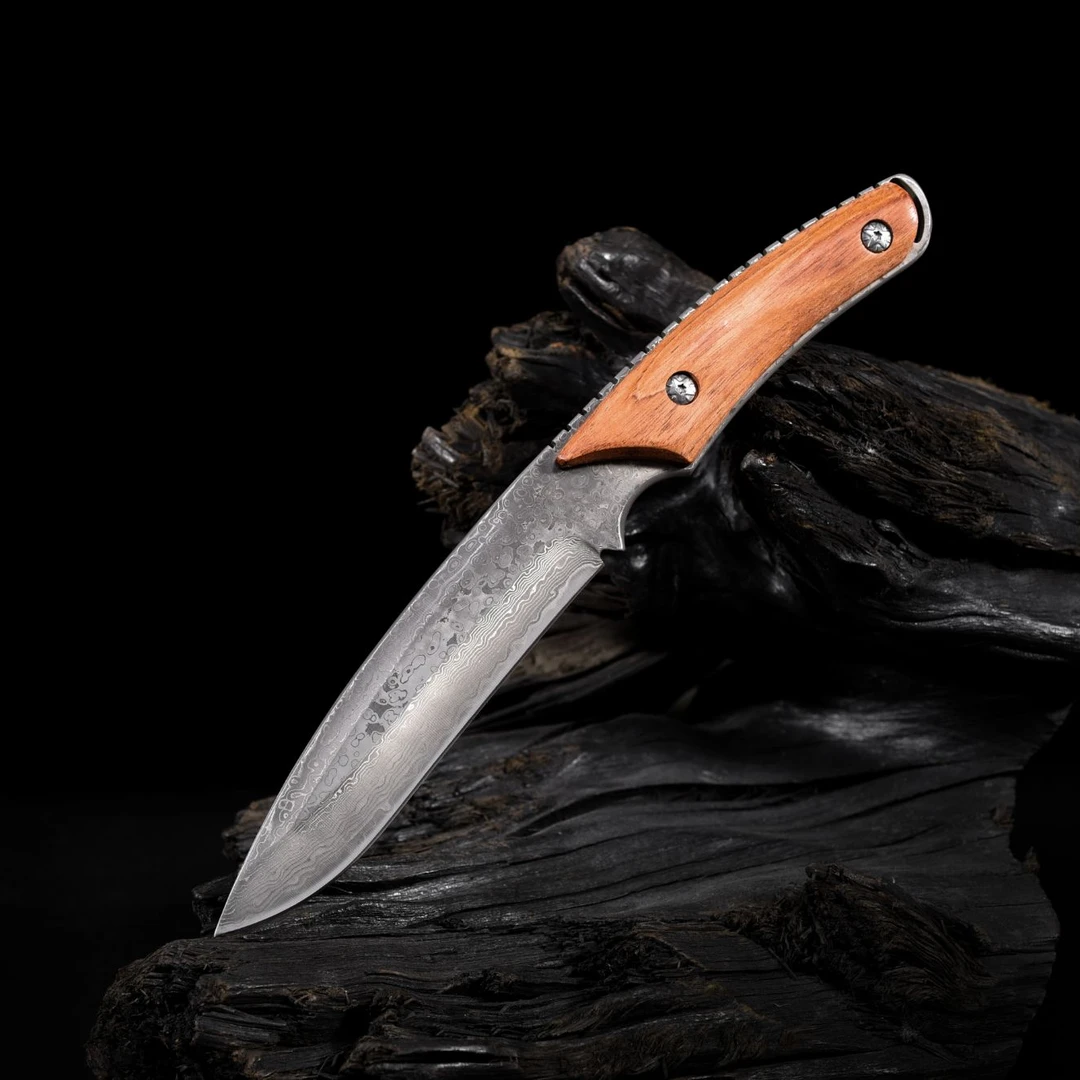 W03【皎月】一体夹钢锻打大马士革钢水果刀户外多功能大马士革钢刀