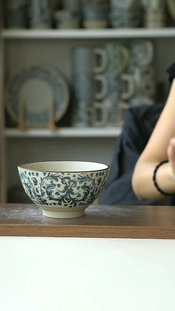 粗陶手绘鸢尾花米饭碗12cm@4-2@