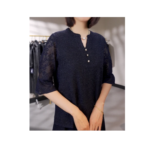 新款时尚新中式小V立领气质提花中袖针织上衣女-2515107