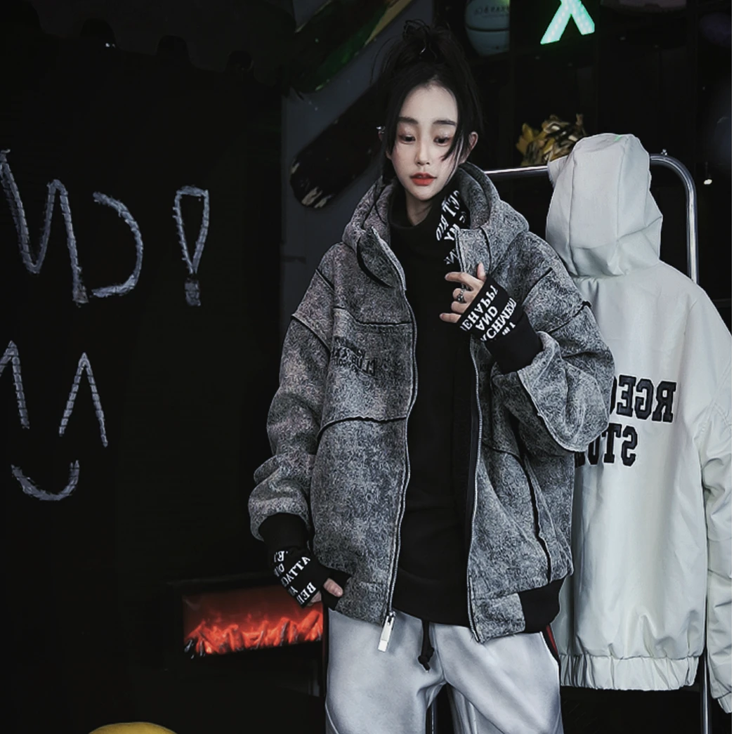 NY2024冬季新品夹克厚款加绒复古印花连帽保暖炫酷外套外衣