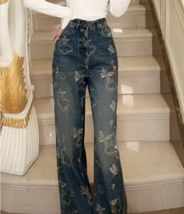 淑雅阁服饰  休闲宽松水洗蝴蝶高腰女装重工直筒裤66105