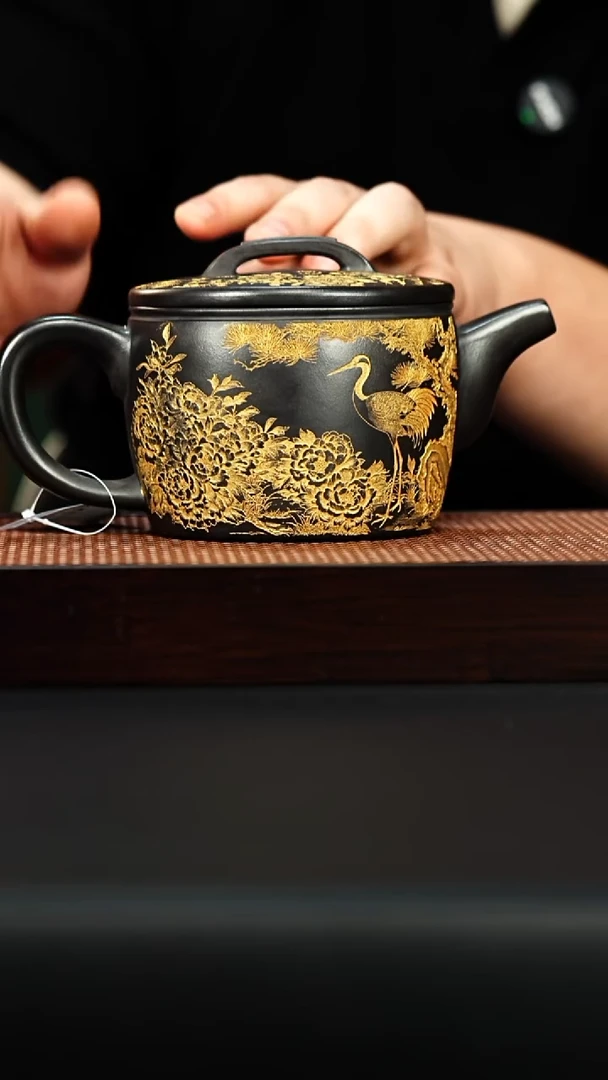 茶壶紫砂宜兴紫砂 汉瓦壶 石黄描金 松鹤延年 高艳