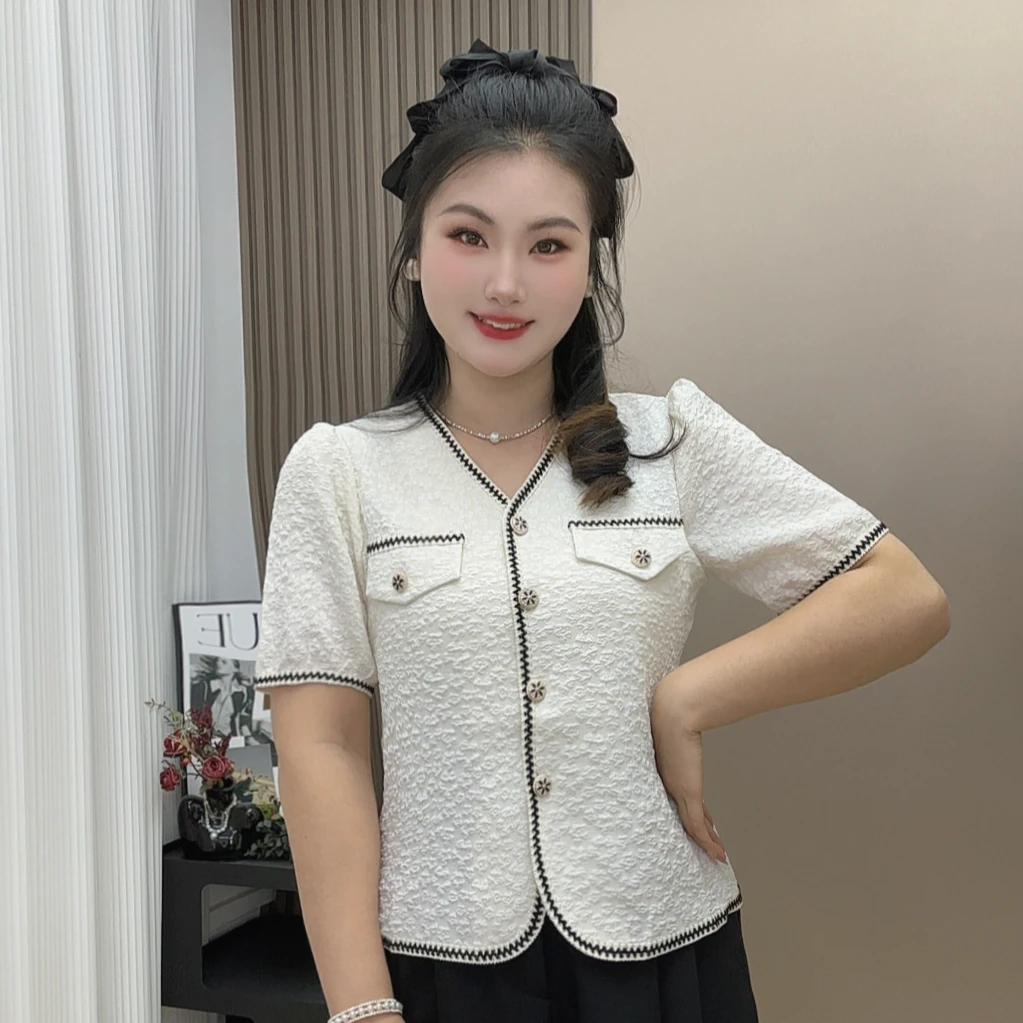 2025夏季新款大码女装法式气质衬衫胖妹妹宽松V领上衣女