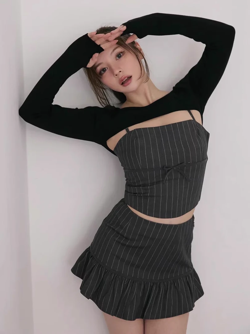 【FaFa】日系 AM 甜辣坎肩蝴蝶结条纹吊带+半裙FA504-079