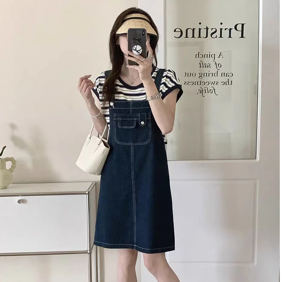 深蓝色口袋扣子单背带连衣裙#显瘦夏季复古韩版设计感