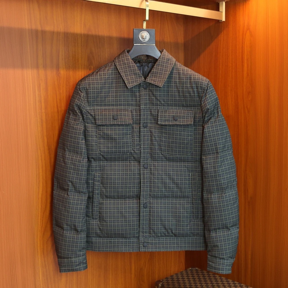 施摩瓦戈冬季90白鸭绒羽绒服男士潮牌小格子休闲翻领上衣男外套