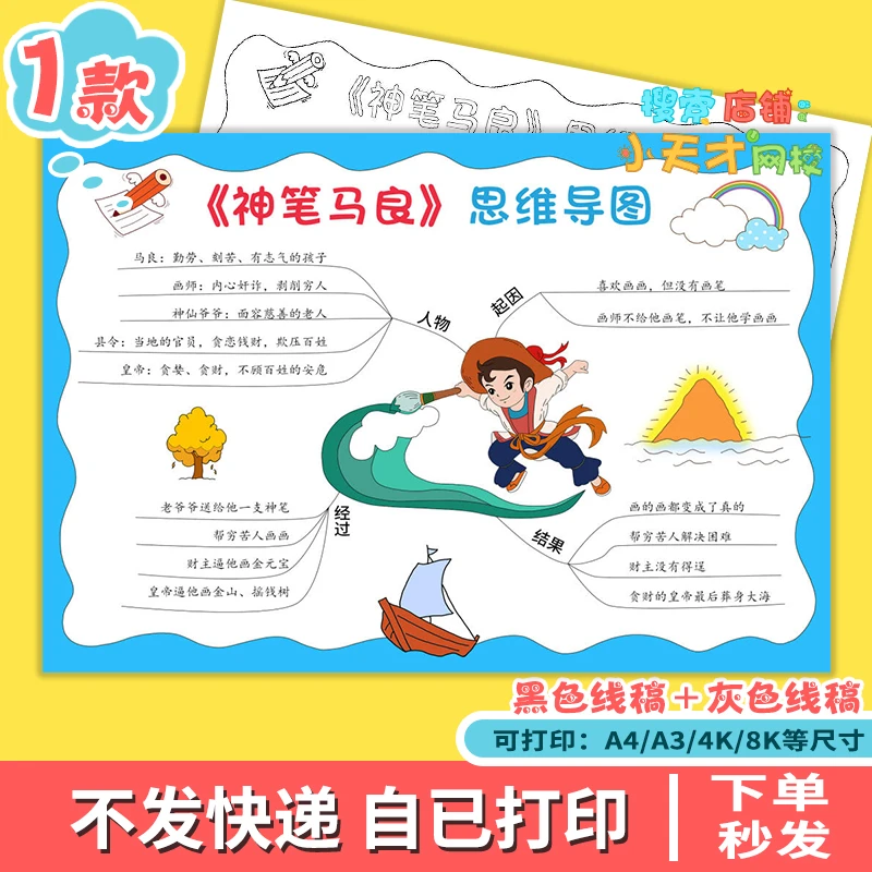神笔马良思维导图手抄报线稿中国神话故事读书涂色线稿读书卡c670