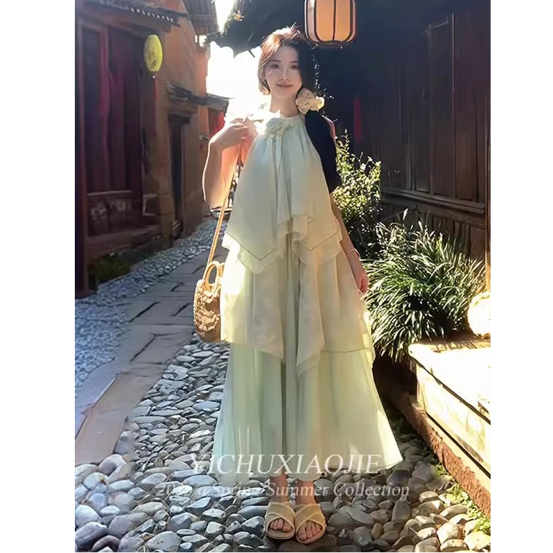 薄荷曼波风穿搭挂脖连衣裙女夏季新款甜美风温柔海边度假风长裙潮