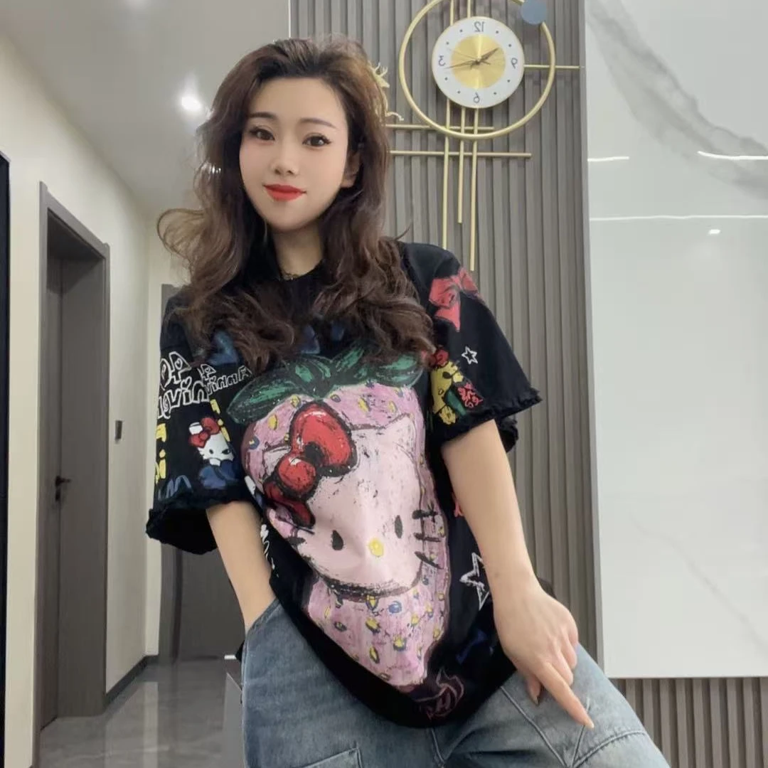 12478小景推荐-欧版时尚字母蝴蝶结猫咪短袖-71058