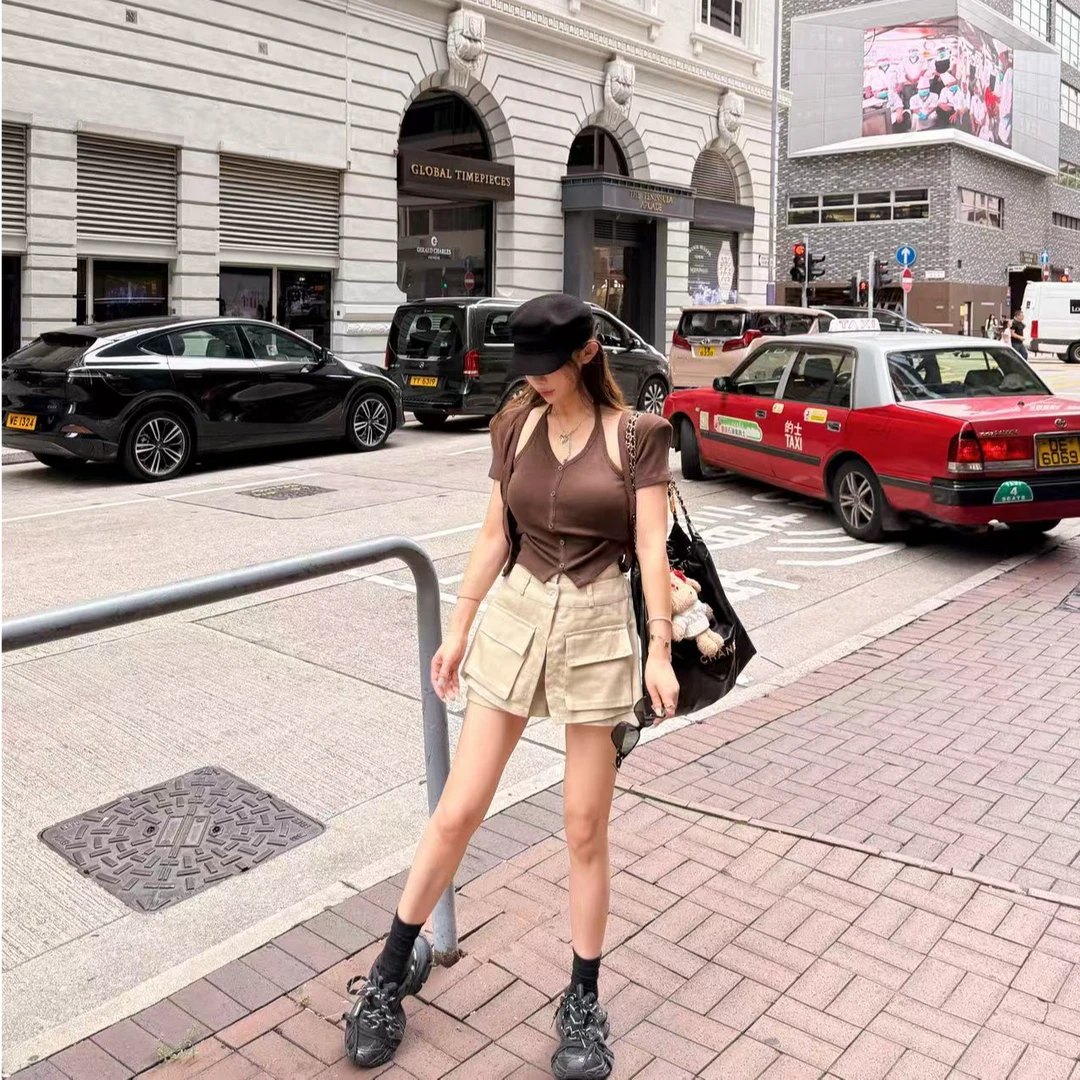 【YKL】热情海岸 咖色挂脖背心开衫两件套/浅卡其口袋工装短裙裤