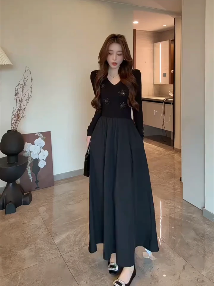 秋季法式新款气质重工连衣裙修身显瘦拼接高级感烫钻长裙子8088#