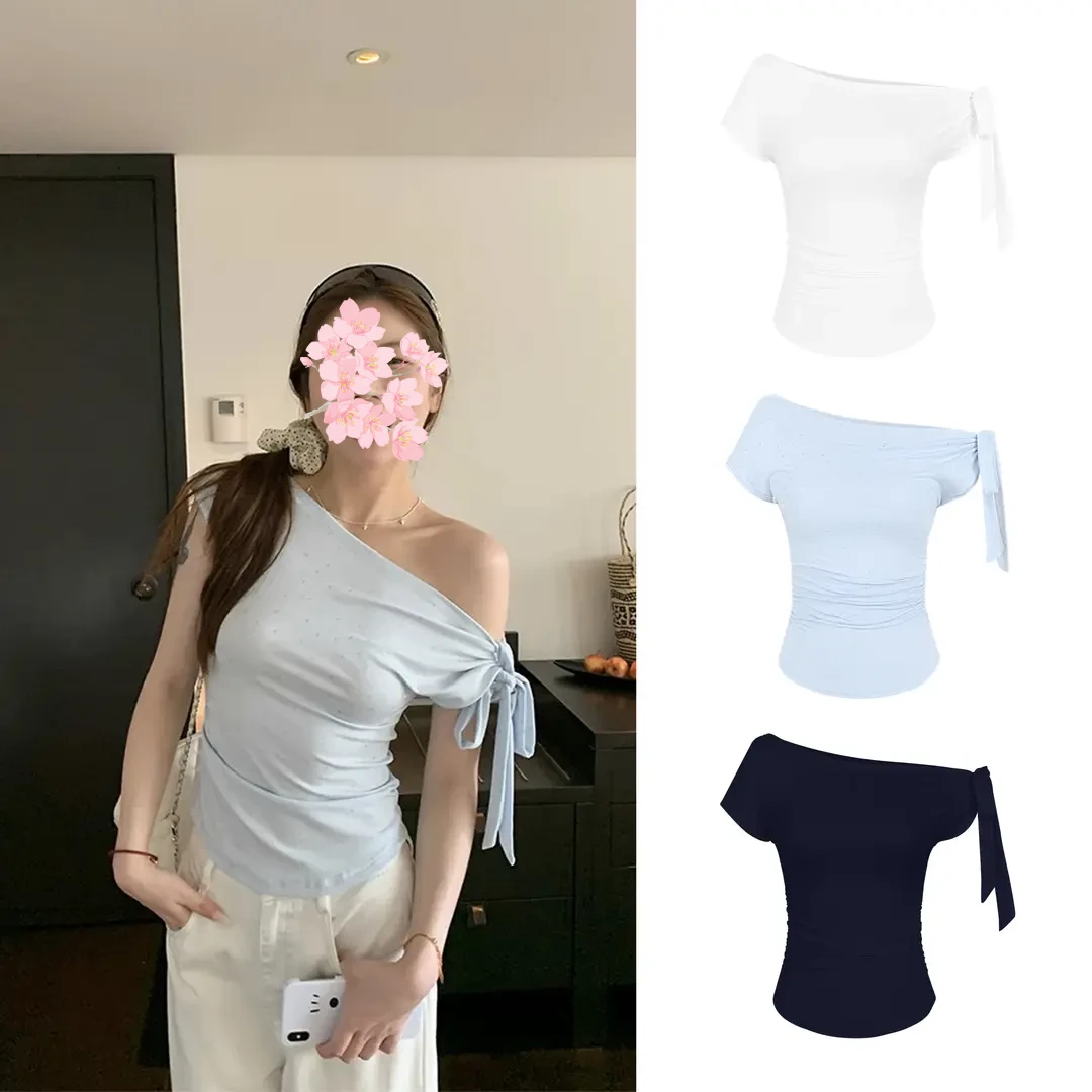 一衣多穿！斜肩绑带蝴蝶结修身短袖t 8656