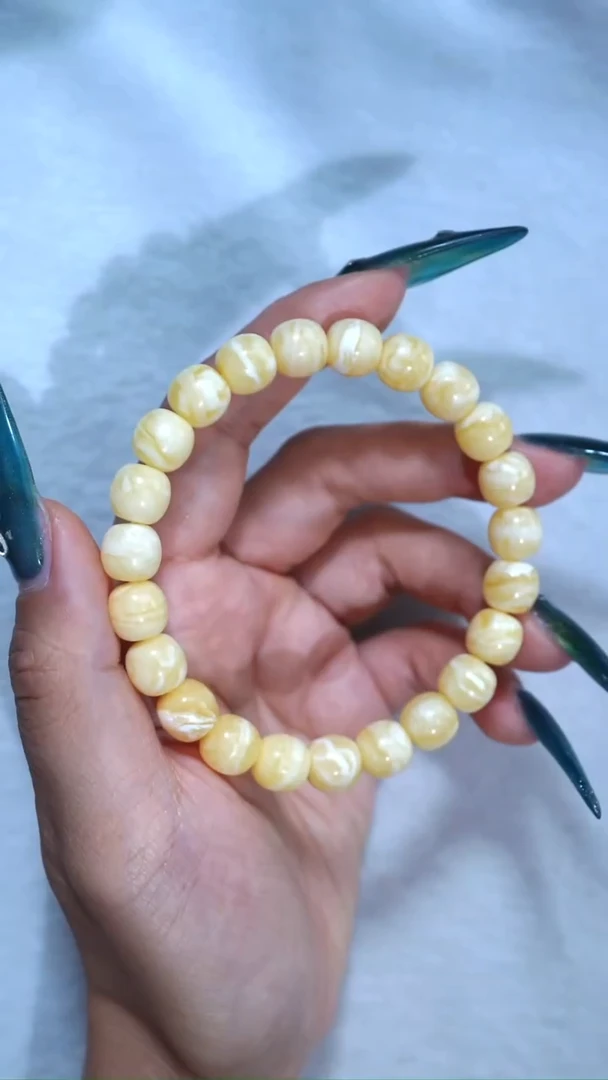 手链琥珀未镶嵌典藏级9.5mm瓷白浓蜡虎皮纹妖花