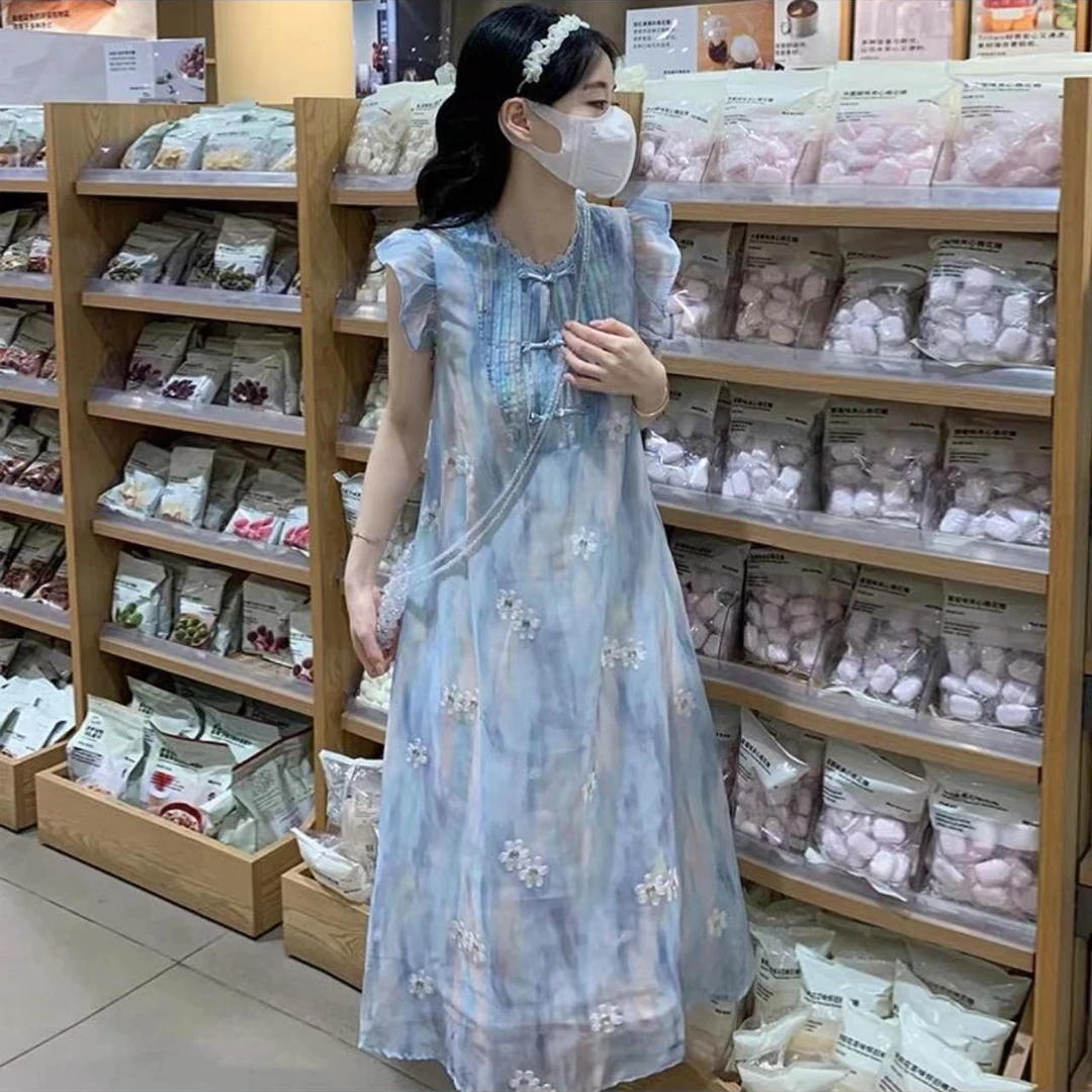 新中式盘扣小飞袖连衣裙仙女裙度假风长裙茶歇(B16-4)42482