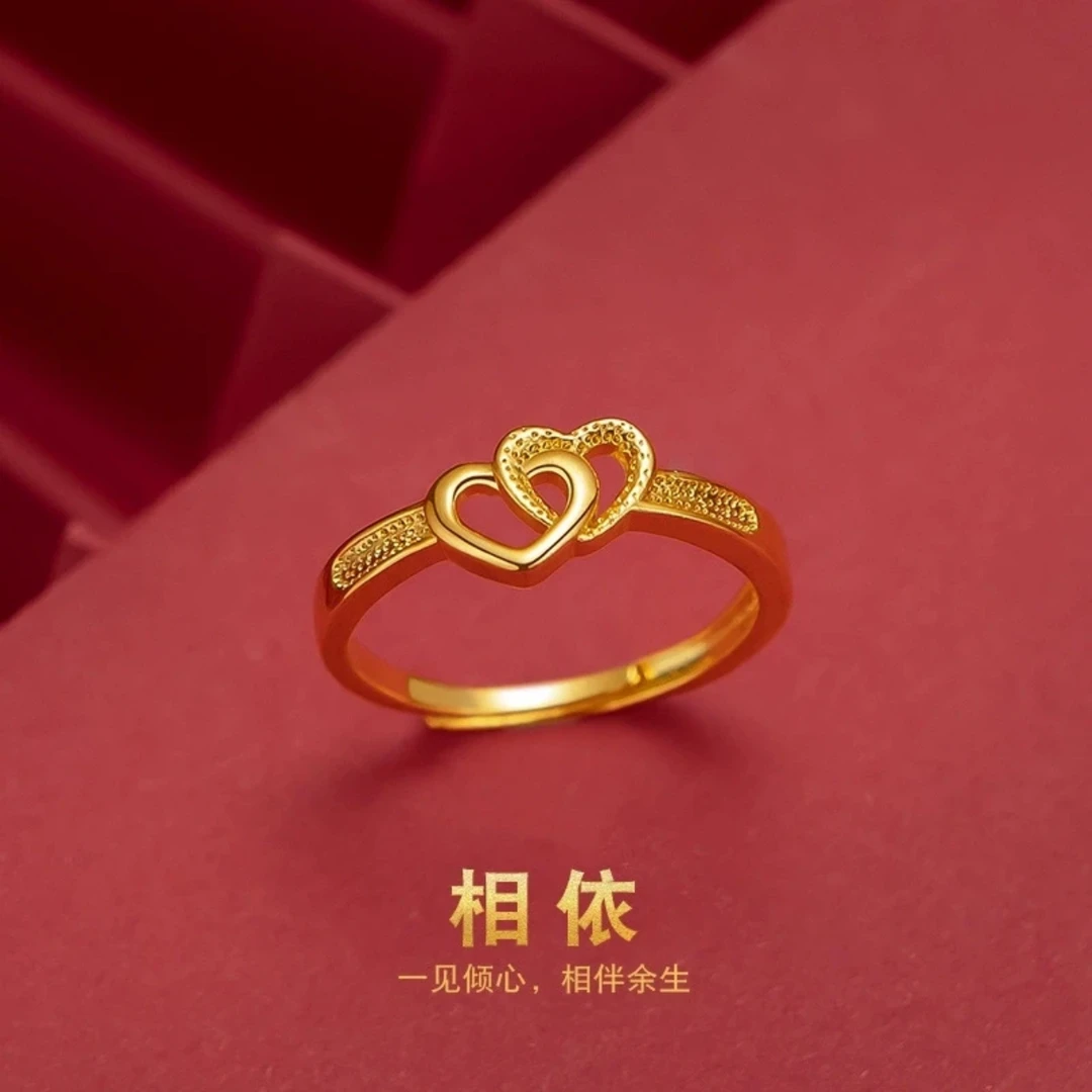 合金戒指 2025新款双爱心戒指情侣女款金色活口复古宫廷指环时尚