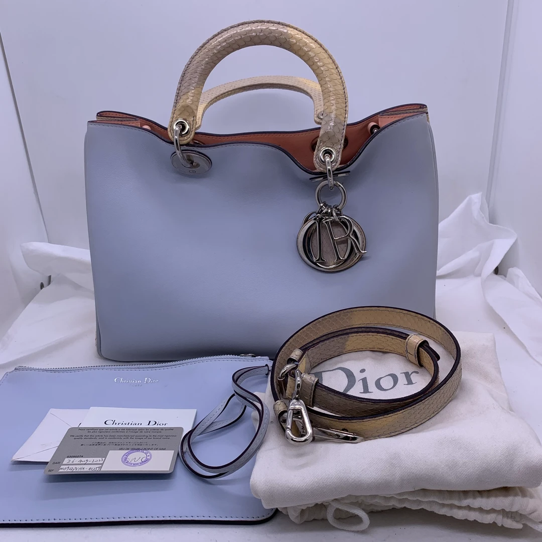 95新 DIOR/迪奥 中号托特包夏日马卡龙/冰淇淋色蛇皮拼牛皮