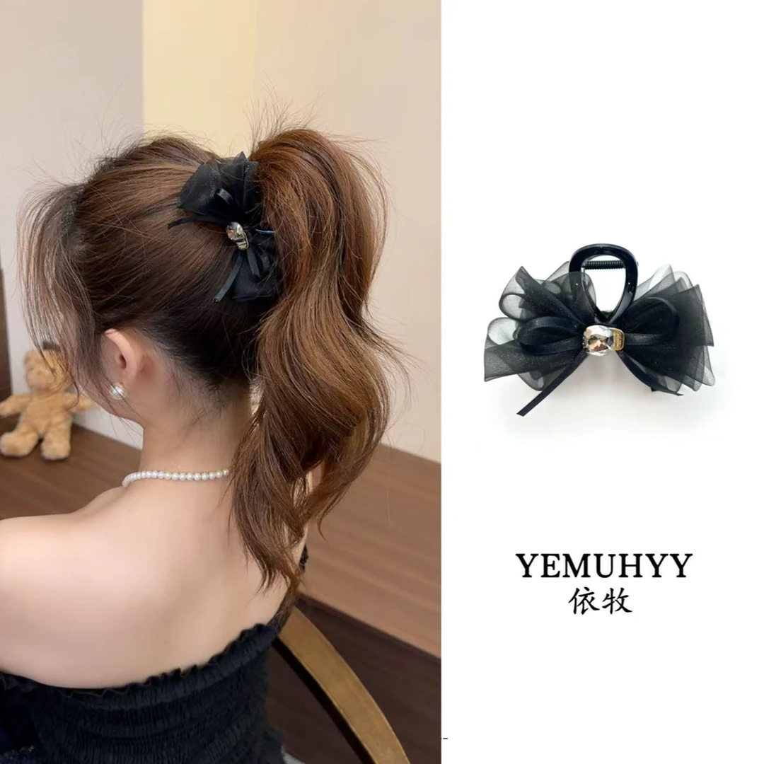 依牧韩系星雾纱蝴蝶结抓夹黑色高级法式优雅鲨鱼夹丸子头抓夹
