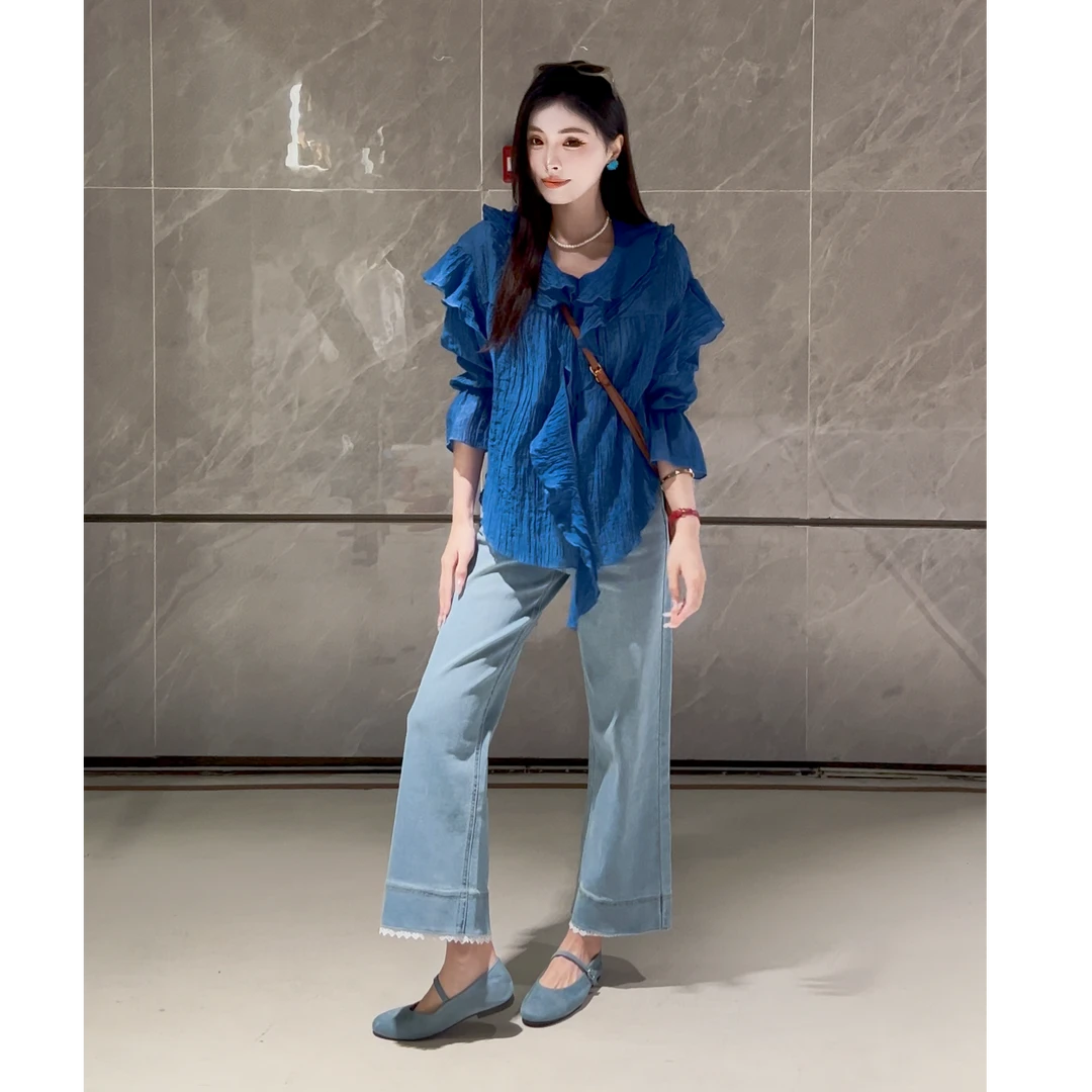 法式荷叶边蓝色雪纺衬衫女2025夏季新款小众设计独特漂亮长袖上衣