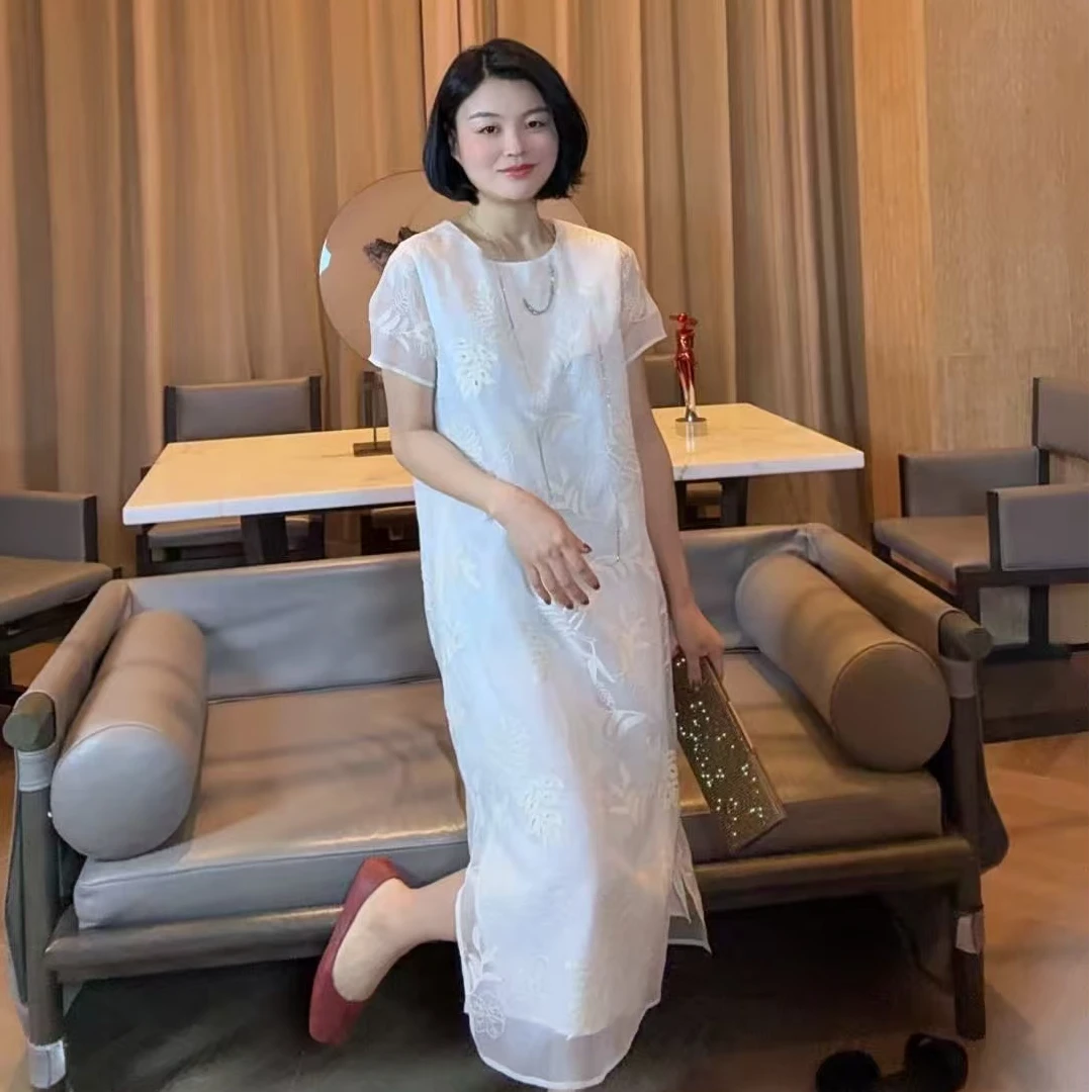 TANTAN  真丝 气质白色定位花拼接网纱连衣裙 LL  2211