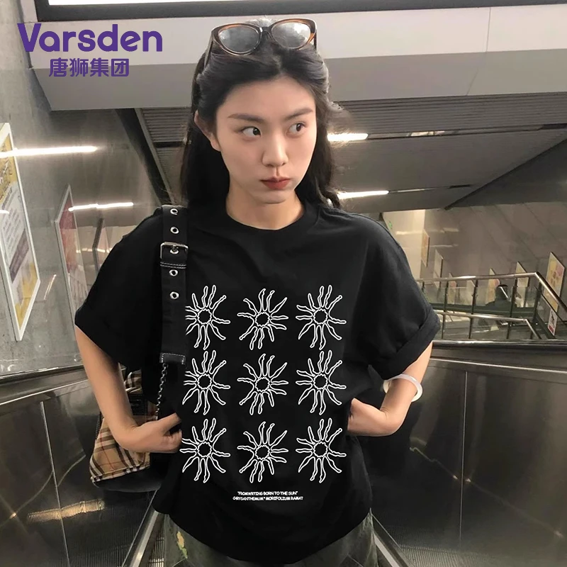 唐狮集团Varsden夏季新款美式复古印花短袖T恤男女宽松纯棉上衣