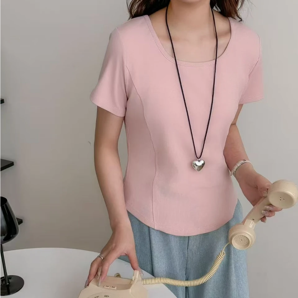 正肩短袖t恤女胖mm甜辣纯欲风显瘦打底衫内搭不规则遮肚微胖春秋