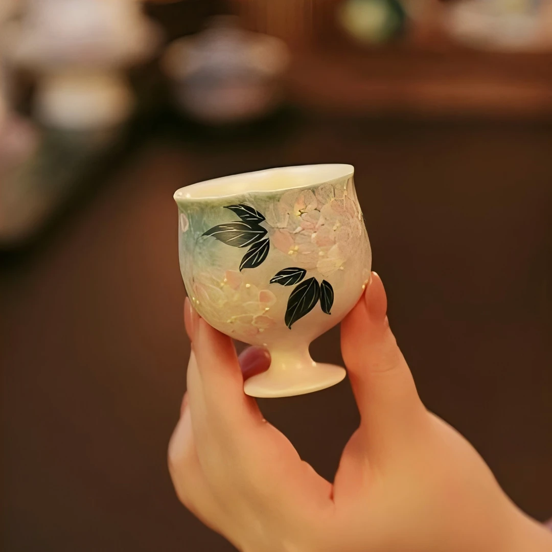无尽夏绣球花全手绘釉下彩女士精致青云茶斋陶瓷茶具高足花口杯