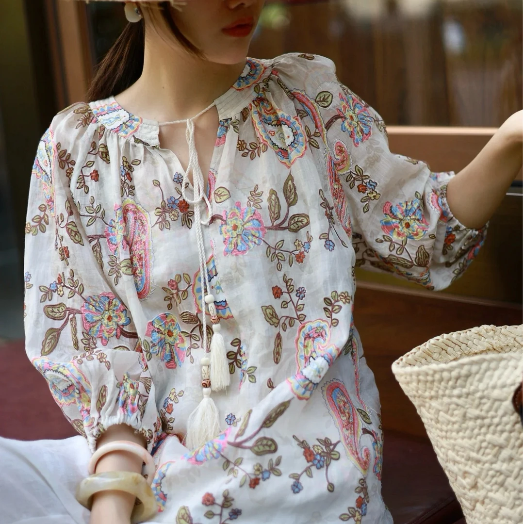 「长芯」断码特价7分袖圆领绑带腰果花上衣定制刺绣YZ24K01174