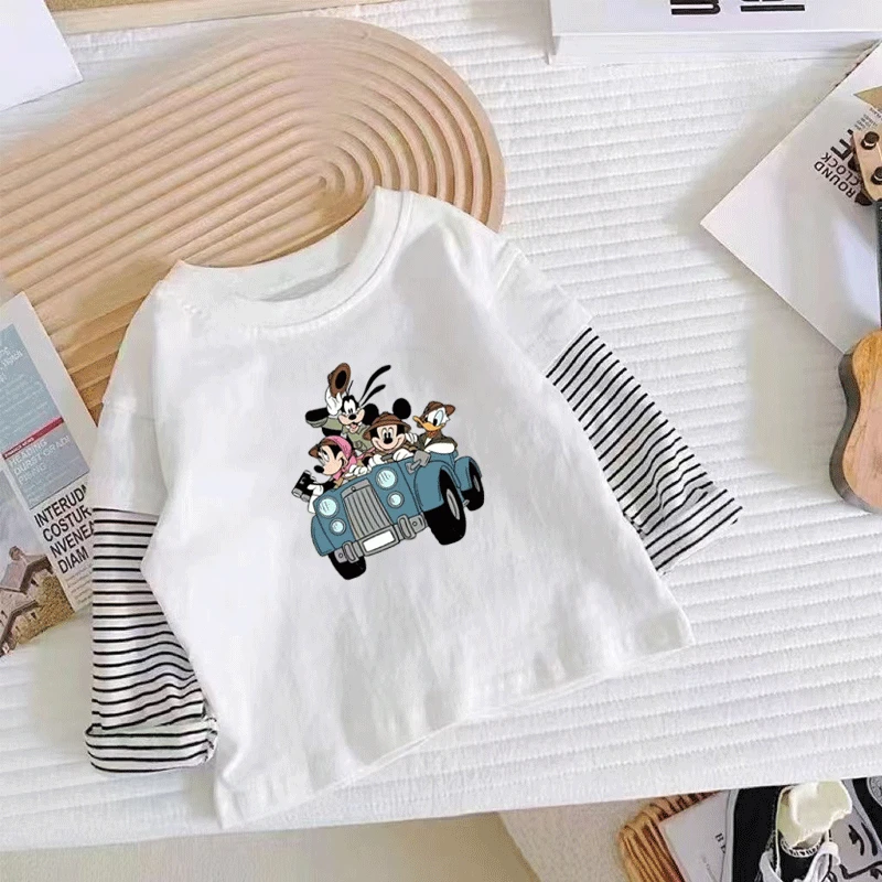 米奇长袖100%棉印花上衣潮流男童春秋款拼接圆领宝宝童装长袖条纹