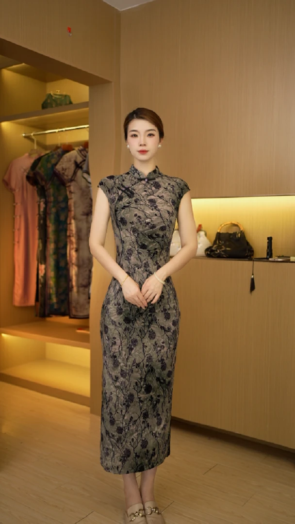 花海 灰日常气质文艺花扣国风优雅长款改良旗袍