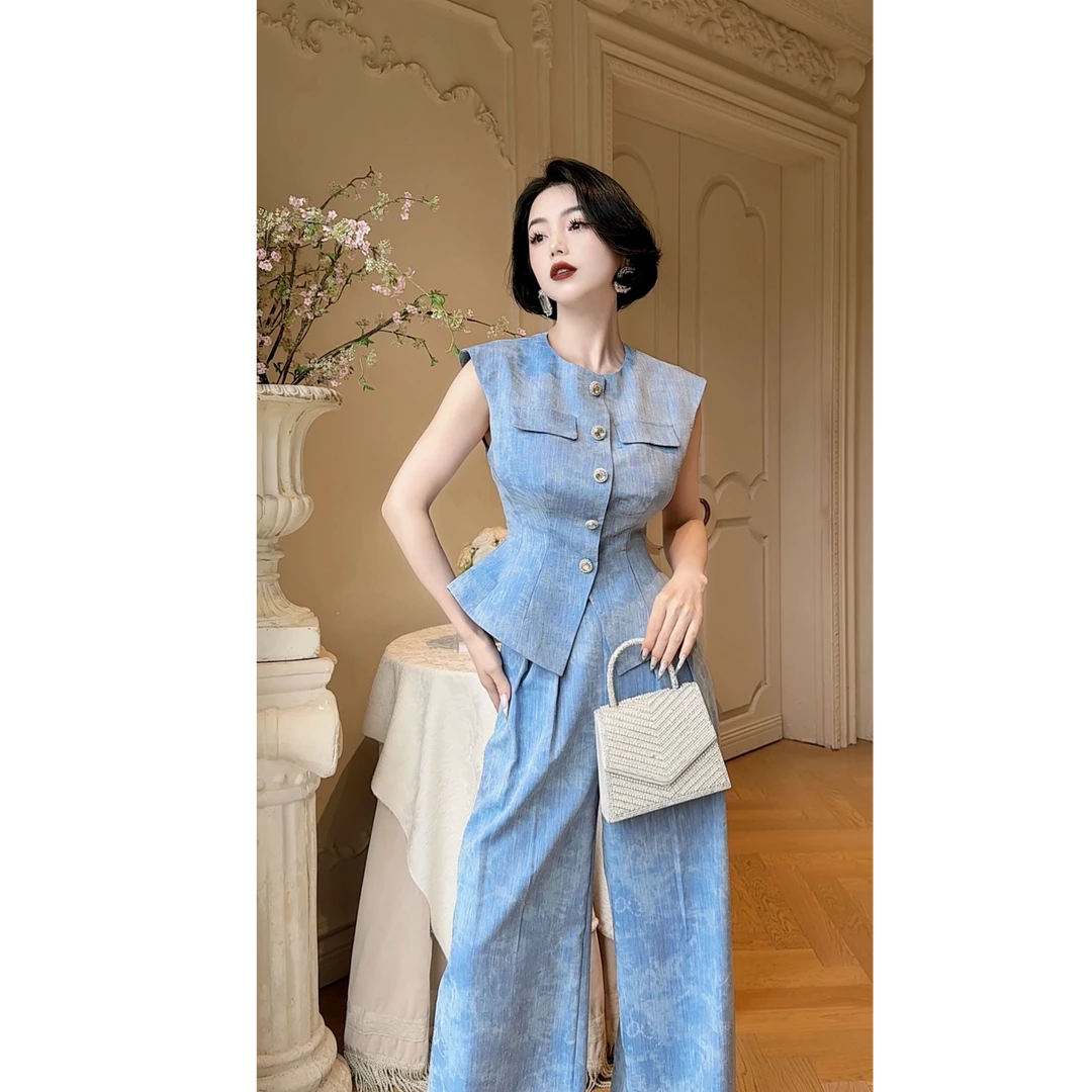 LYXJ【布鲁斯蓝钻】棉麻扎染套装2025夏季新款高腰显瘦复古时尚套装