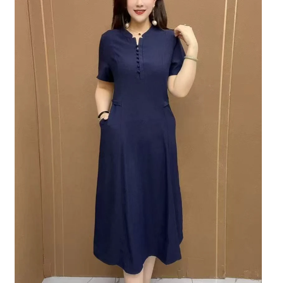 新款V领短袖中长款连衣裙2025夏款宽松显瘦百搭减龄中老年妈妈装