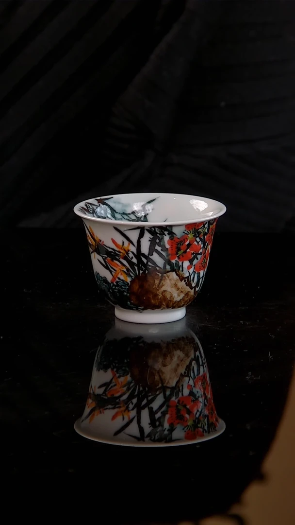 李华手绘釉中五彩梅兰竹菊大铃铛杯