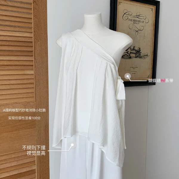 【京都假日】设计感斜肩雪纺小衫蝴蝶结甜美显瘦上衣+裤子LC 8913#