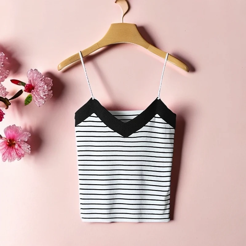 高货吊牌399【DY】条纹撞色针织绑带式吊带上衣女士品牌折扣25夏