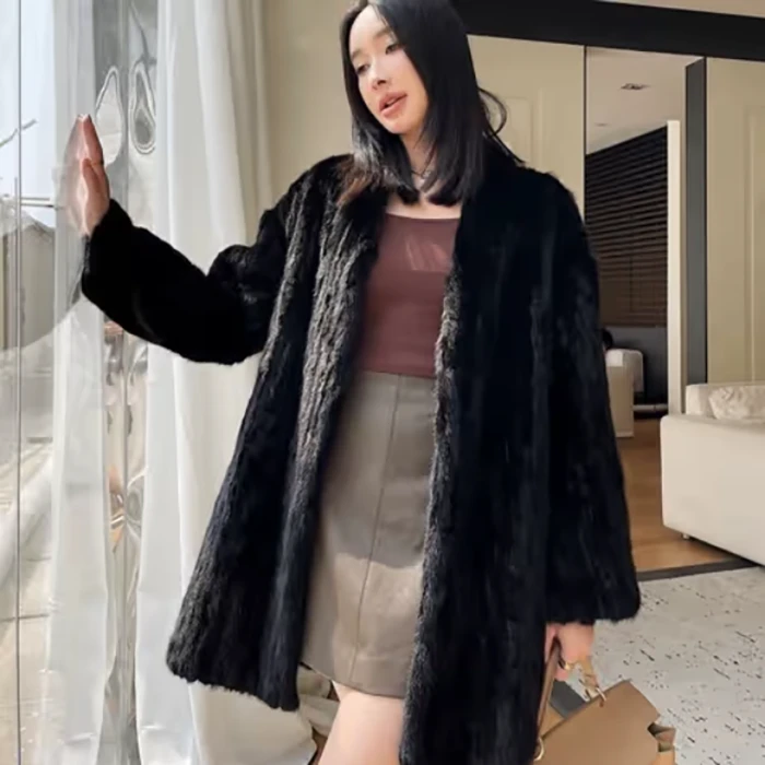 诺谰 80V领水貂毛皮草外套 真皮真毛貂皮大衣中长款