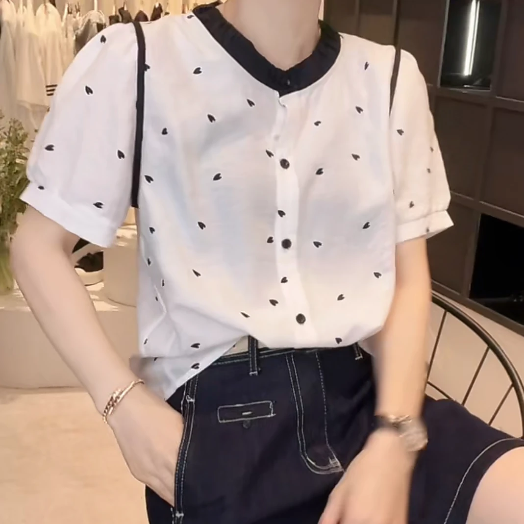 设计感时尚百搭休闲宽松短袖显瘦上衣女2025夏季新款撞色圆领衬衫