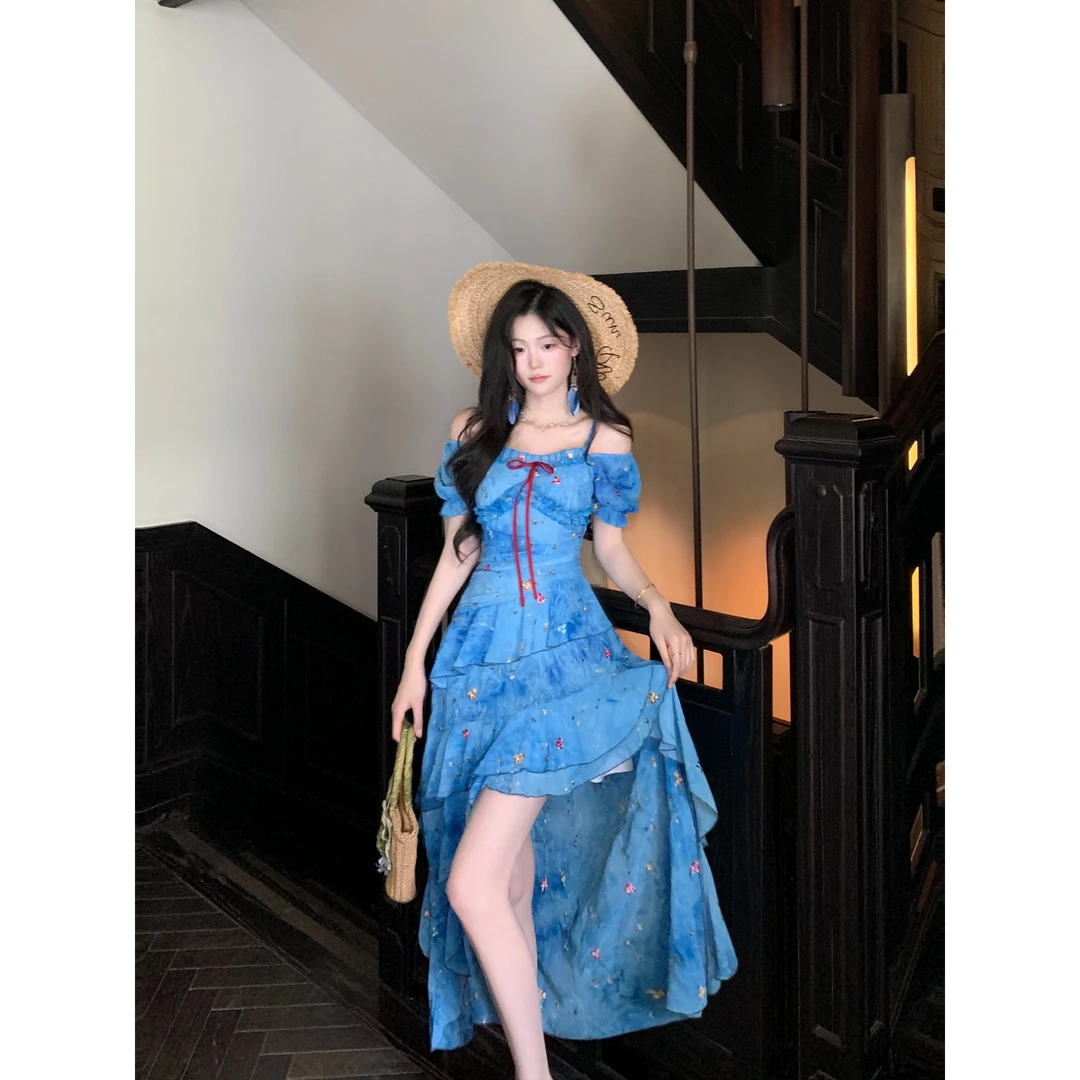 胖妹妹2025度假风碎花露肩两穿长裙女收腰显瘦不规则下摆连衣裙MM