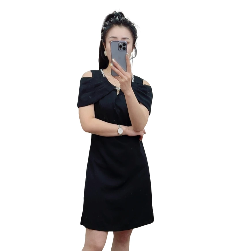 莉丽佳5520款女装夏季短袖蝴蝶结露肩连衣裙时尚洋气休闲百搭显瘦