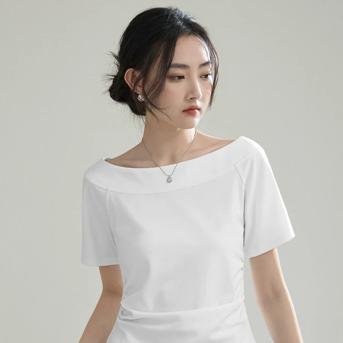 诗萌不规则斜边抽褶皱收腰一字肩短袖T女夏新款洋气显瘦百搭上衣