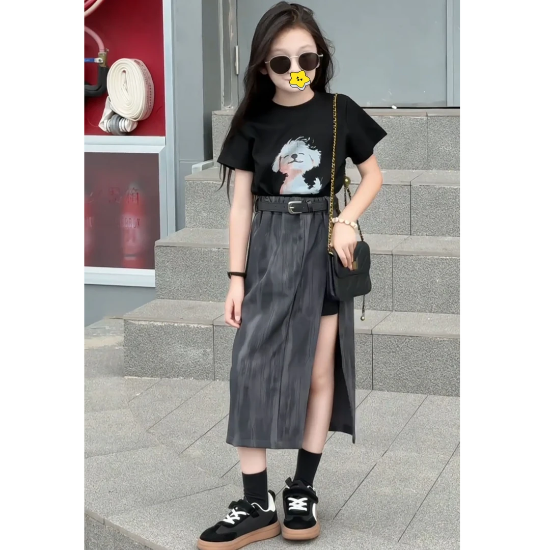 女童夏季2025新款时尚炸街韩版休闲短袖长款T恤半身裙两件套潮酷