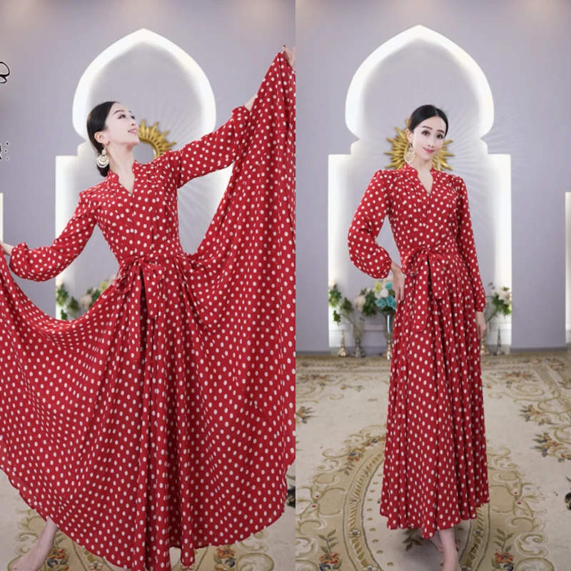 A6106依曼之舞异域风情连衣裙气质波点跳舞舞蹈大摆新疆舞服