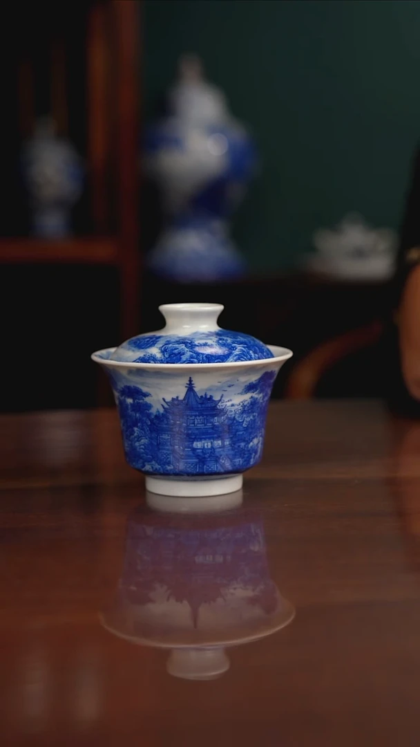 自成柴窑青花蓬莱仙境