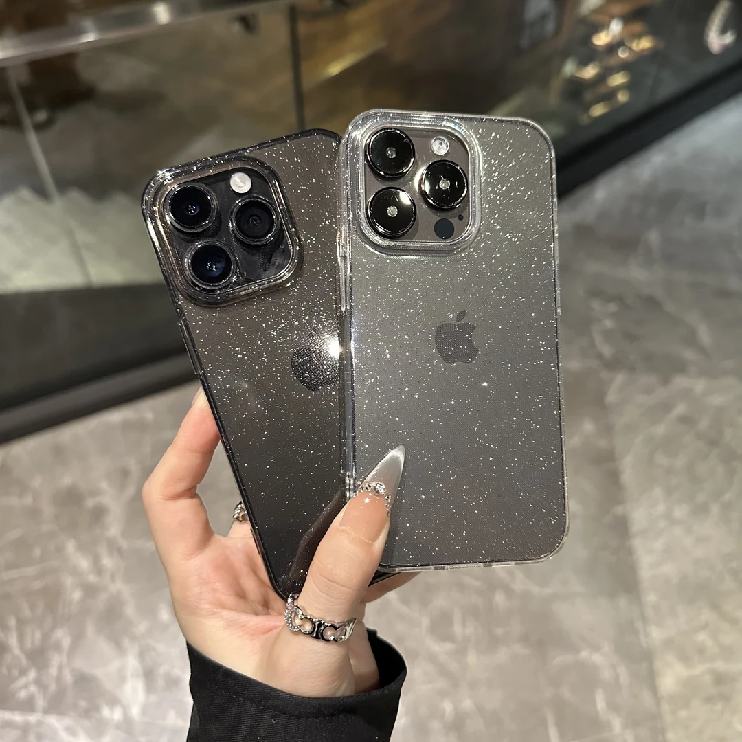 轻奢透明细闪适用iPhone16/15promax手机壳苹果14高级13软17透黑