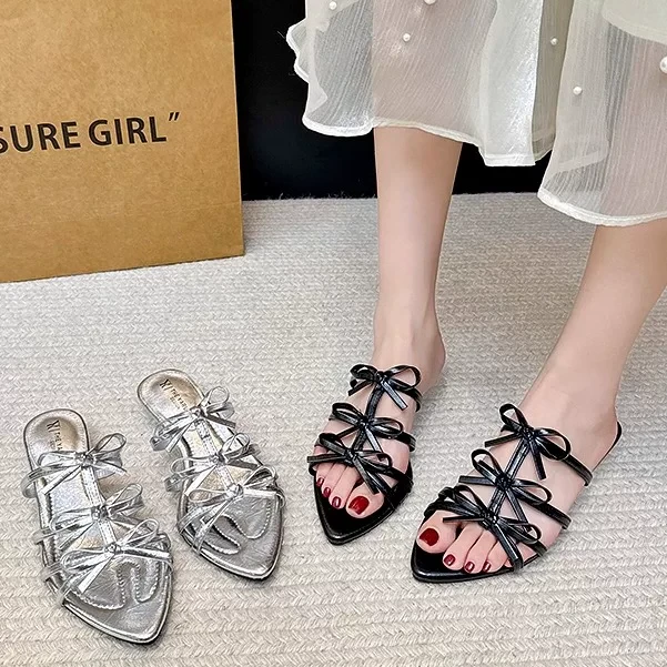 夏季水钻蝴蝶结一字带露趾女法式仙女风拖鞋35065