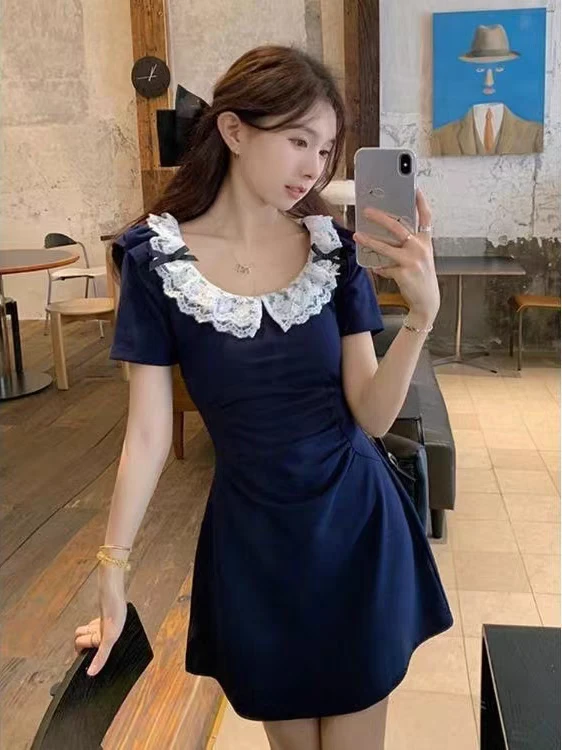 法式短袖连衣裙娃娃领A字裙短款裙子