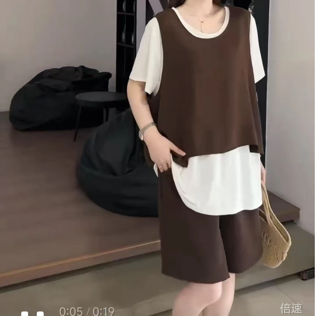 2025大码女装夏季新款百搭时尚胖MM显瘦休闲三件套2887