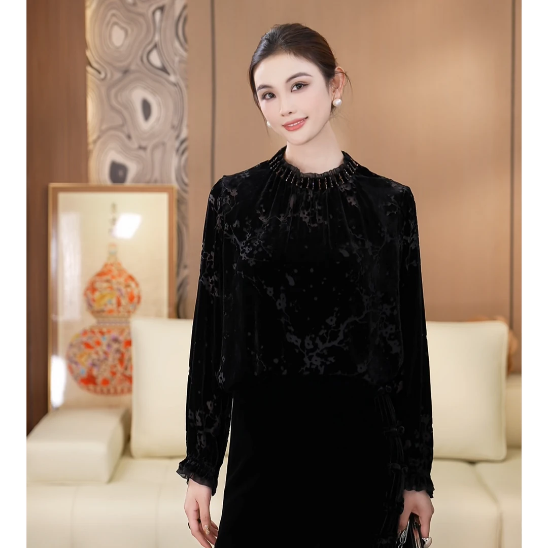 咏梅真丝丝绒烧花气质复古显瘦百搭长袖衬衫A051023