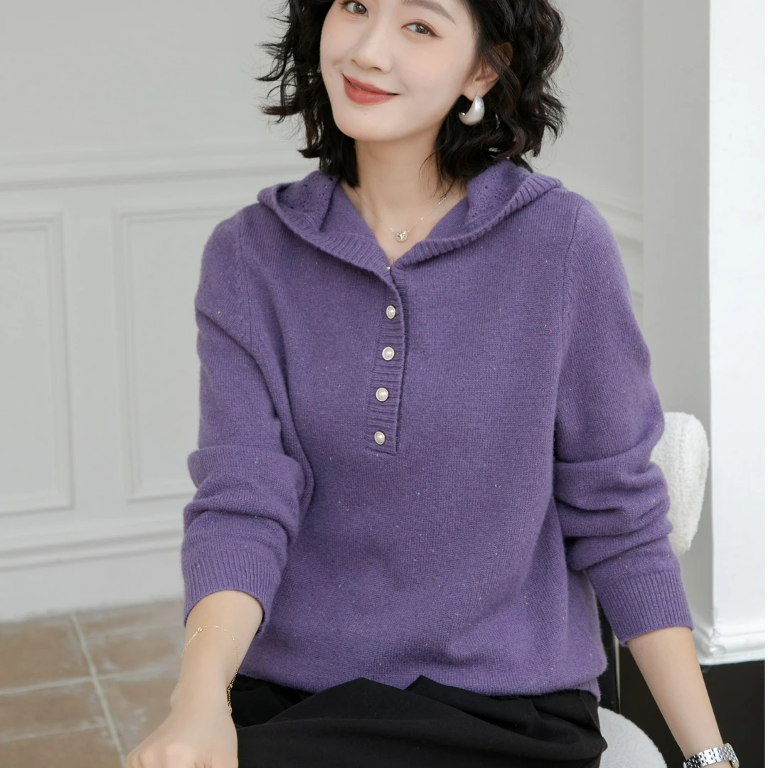 韩衣奇迹女士宽松秋冬连帽长袖毛衣彩点羊毛衫休闲百搭针织衫