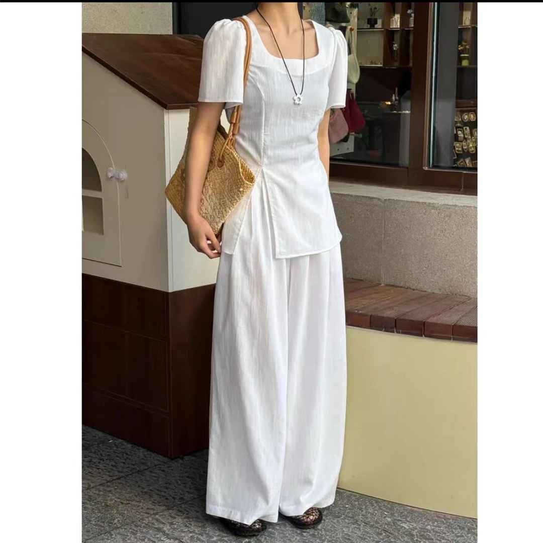 夏季宽松法式方领开叉上衣+高腰半松紧老钱风松弛感女装